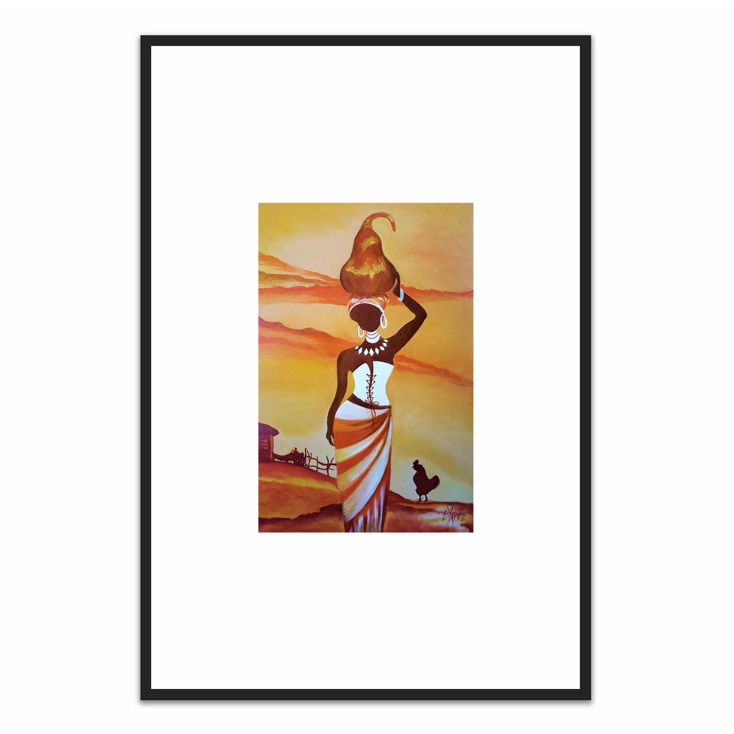 African Woman with Calabash on Head (hut and fence)